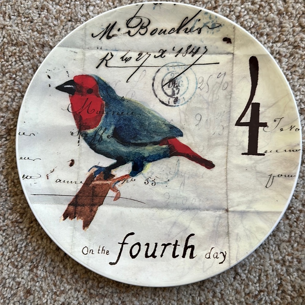 Williams Sonoma 12 Days of Christmas dessert/salad plate. The Fourth day.